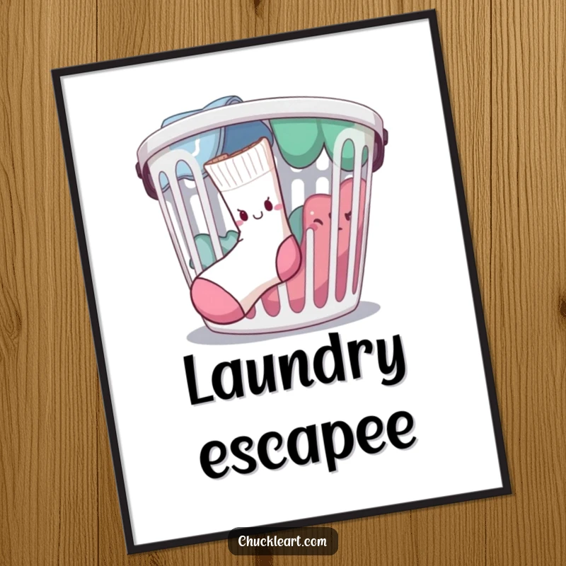 Funny determined sock escaping a laundry basket, as a digital art print, bringing laundry humor home.