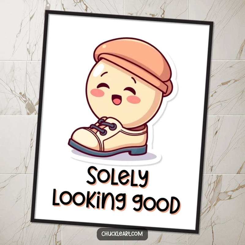 Funny digital art print of a giggling button character hilariously attempting to wear a hat as a shoe, a whimsical and humorous downloadable.