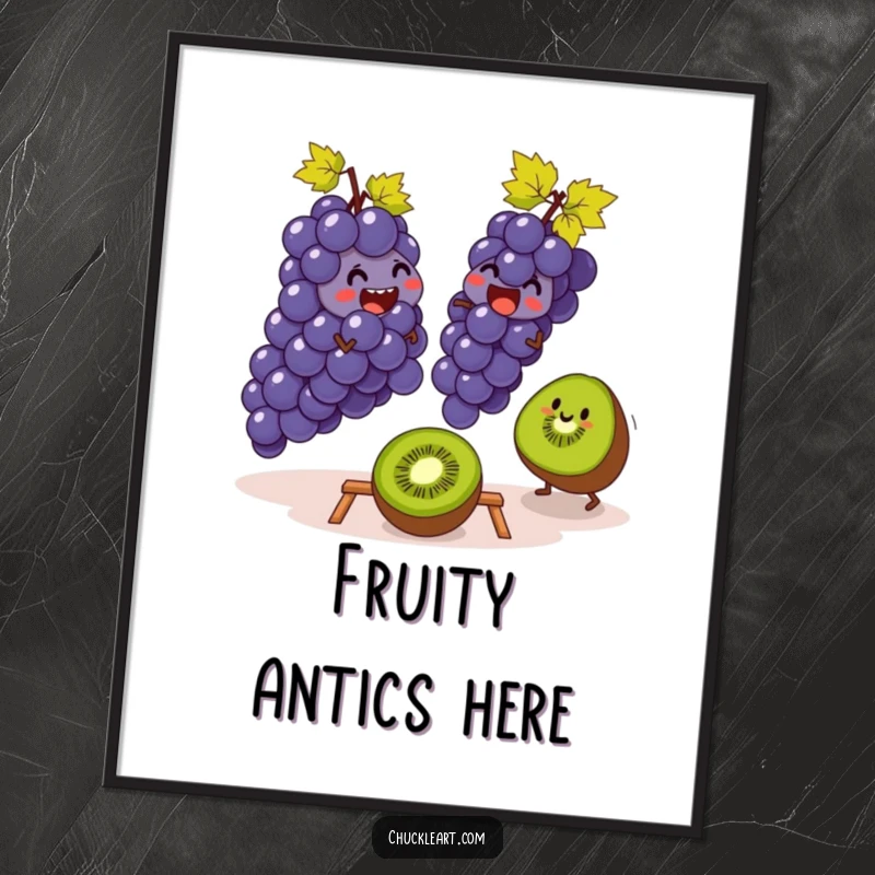 Funny digital art print of giggling grapes leaping over a kiwi, offering a whimsical and humorous visual for immediate download and display.