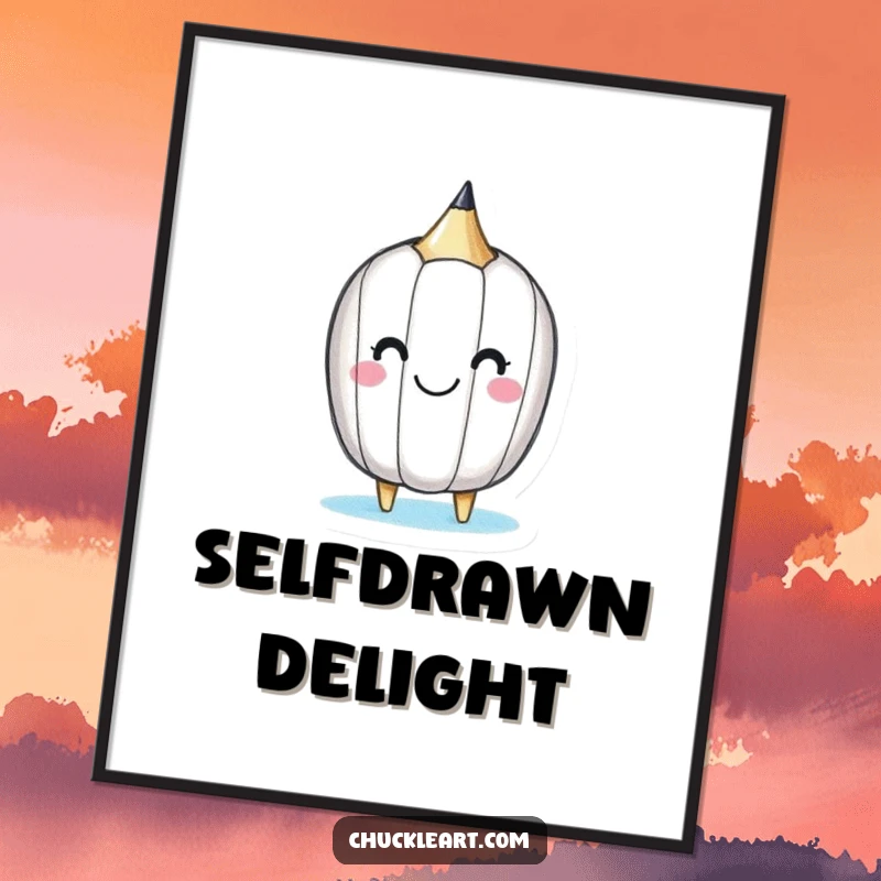 Funny digital art print of a happy little pencil drawing a smiley face on itself, cheerful wall art.