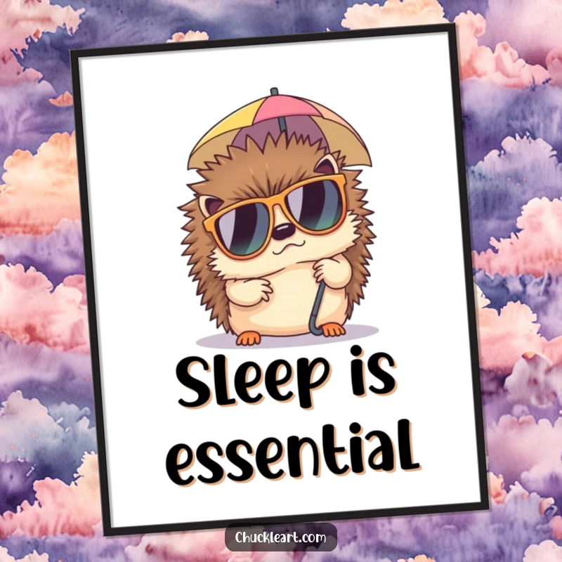 Funny digital art print of a grumpy hedgehog wearing sunglasses, napping under a tiny umbrella, perfect for instant humorous wall decor.