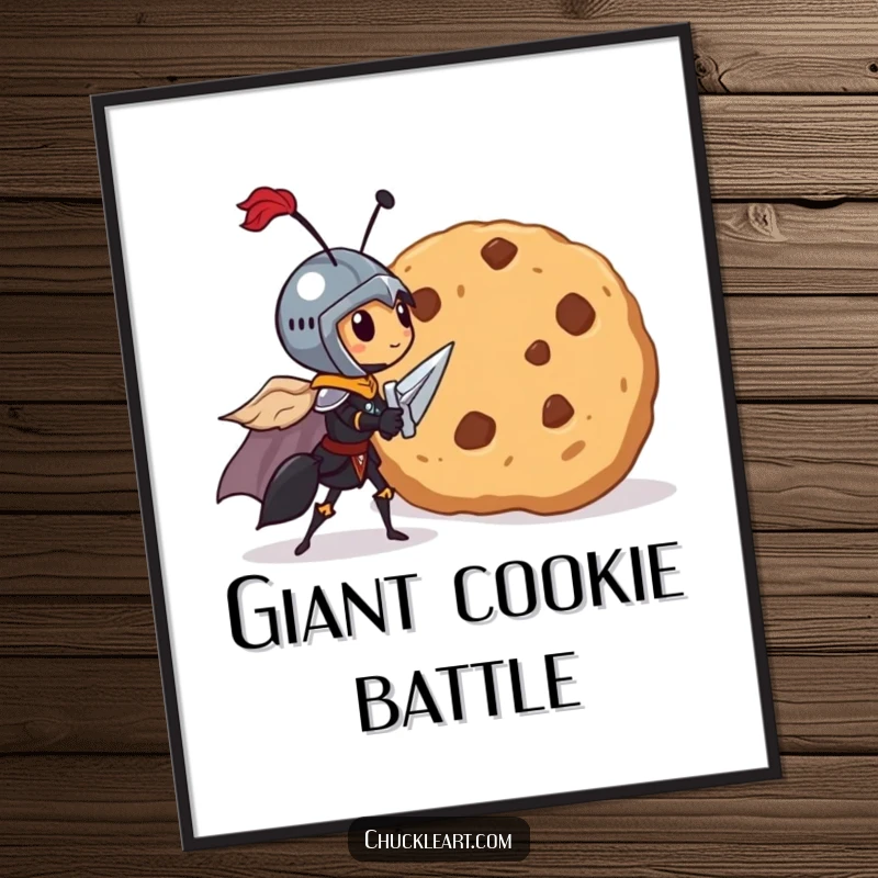 Funny digital art print of a brave, tiny ant dressed as a knight heroically facing a giant cookie.