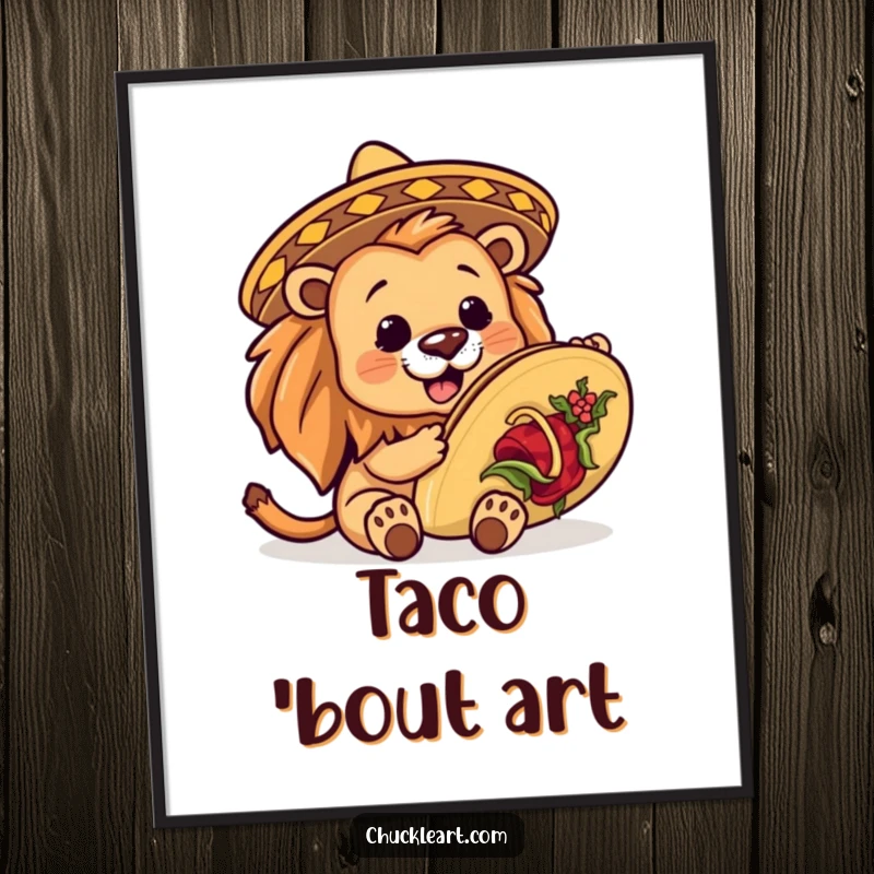 Funny digital artwork of a lion wearing a small sombrero, engaged in a comical struggle with a giant taco, ready for printing.