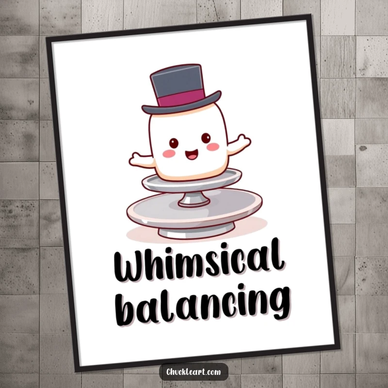 Funny marshmallow wearing a top hat attempts to balance on a spinning plate, high-resolution digital art print.