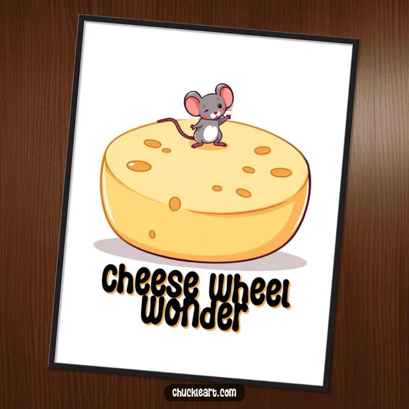 Funny digital artwork of a small mouse precariously balancing on a giant, wobbling cheese wheel, ready for printing.