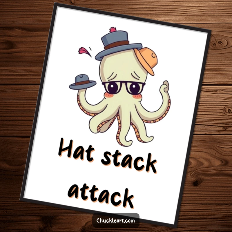 Funny confused octopus comically tangled in multiple hats, on a digital art print, ideal for a funny gift.