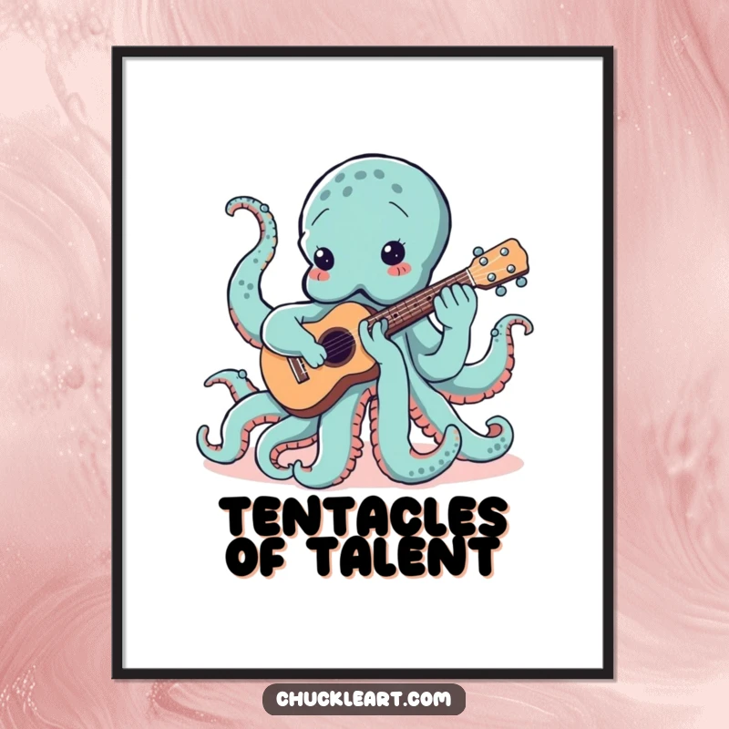 Funny digital artwork of a multi-tentacled octopus hilariously attempting to play a ukulele, ready for printing and display.