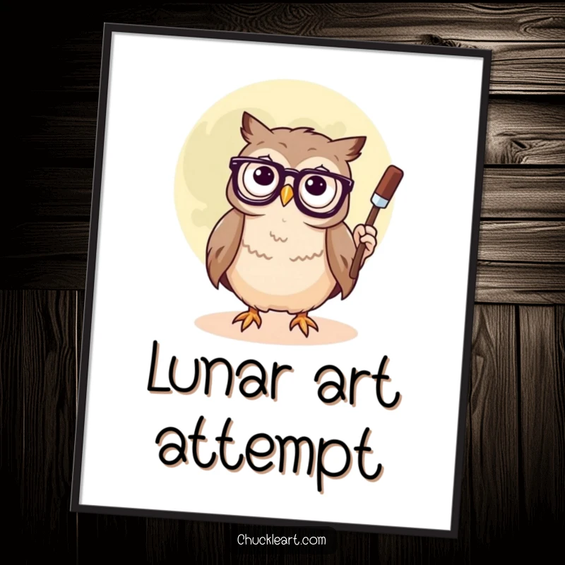 Funny digital art print of a confused owl wearing glasses, painting a smiley face on the moon with artistic flair, full of wit.