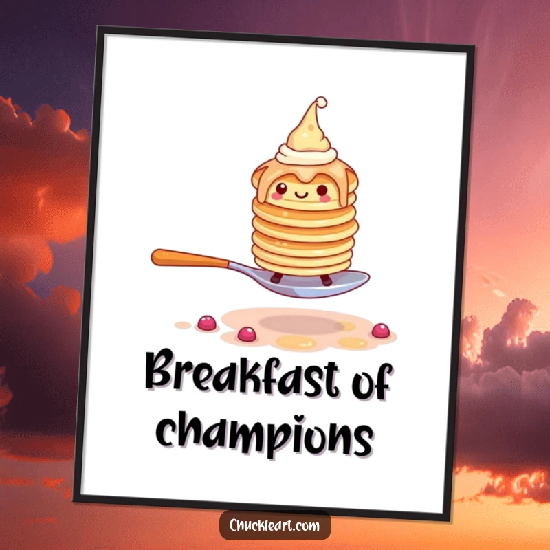 Funny digital art print of a wobbly pancake stack in tiny hats, comically escaping a giant fork, instant decor.
