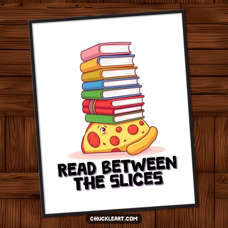Funny digital art of a pizza slice balancing a huge stack of books on its crust, a humorous and artistic depiction.