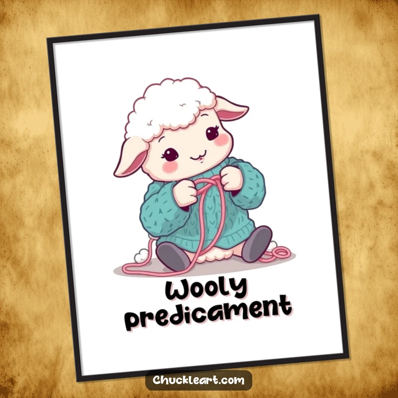 Funny sheep comically tangled in wool while attempting to knit, on a digital art print, ideal for a funny gift.