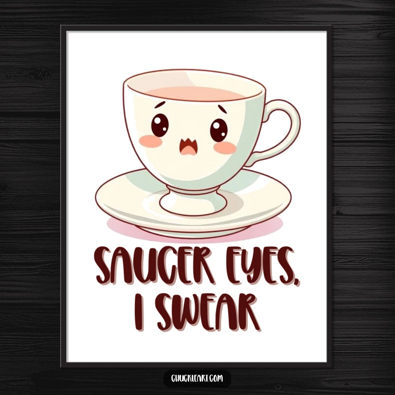 Funny spinning teacup digital art print, a surprised porcelain cup mid-spin, ready to add whimsical charm to your walls.