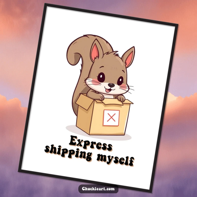 Funny digital art print of a squirrel humorously trying to mail itself in a tiny box, a whimsical and comical instant download for home decor.