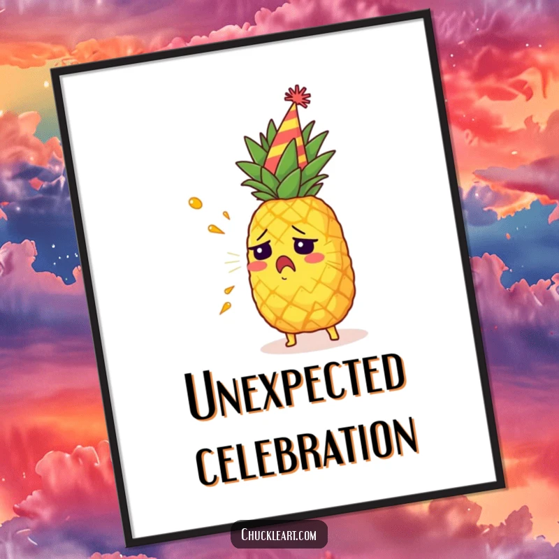 Funny startled pineapple wearing a party hat, spraying juice, a humorous digital art print.