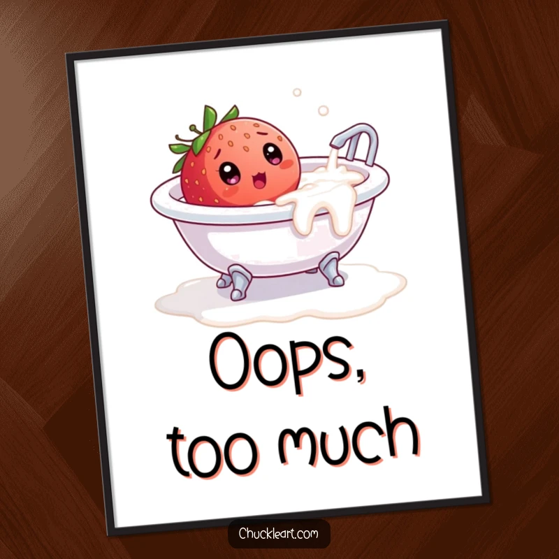 Funny digital art print of a strawberry surprised in a tiny overflowing milk bathtub, for humorous wall decor.