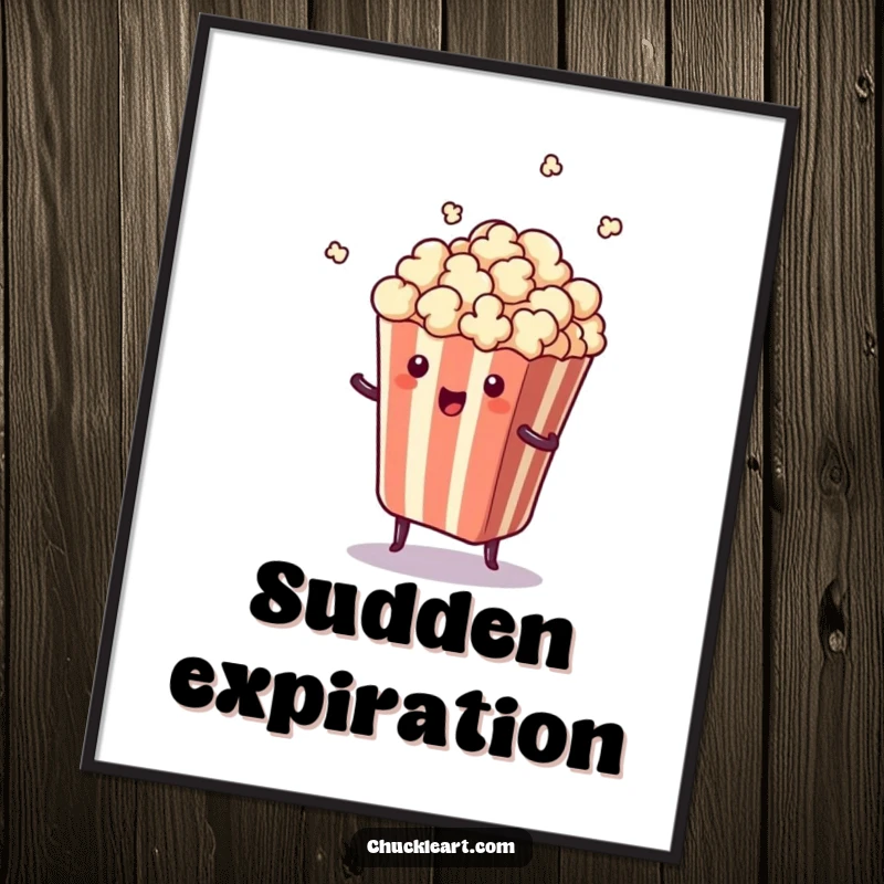 Funny digital art print of a piece of popcorn leaping out of its bag in a comical, surprising burst of energy.