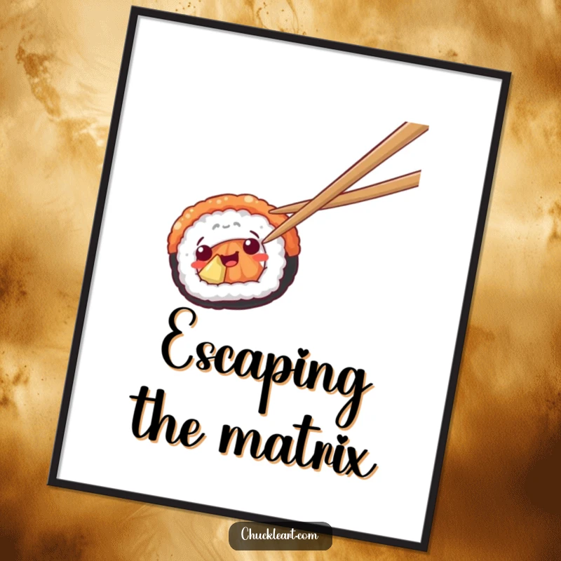 Funny digital art print of sushi escaping chopsticks, perfect for humorous food-themed decor.