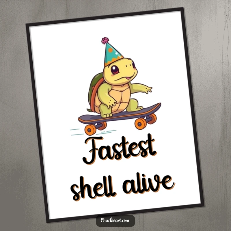 Funny turtle wearing a party hat humorously attempts skateboarding speed, on a digital art print, ideal for a funny gift.