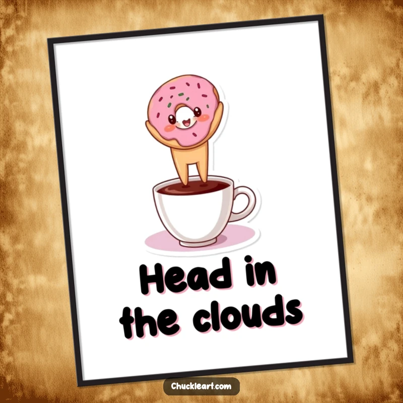 Funny digital art print of a donut in a headstand on a coffee cup, perfect for humorous coffee decor.