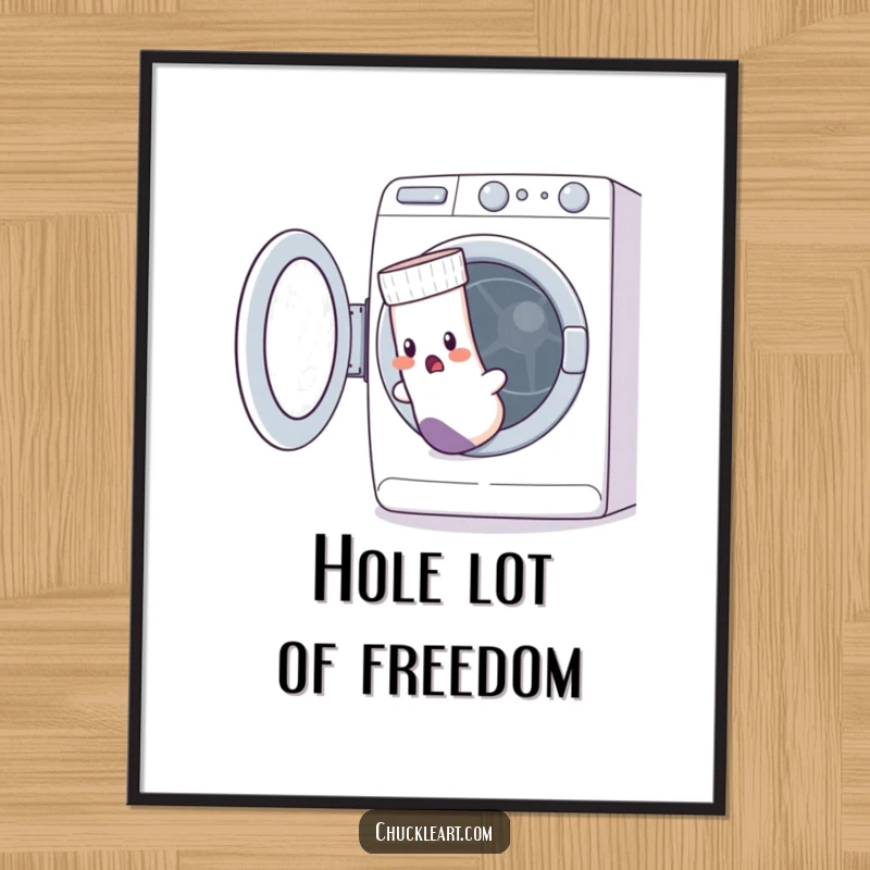 Funny digital art print of a startled sock with a hole escaping a washing machine, humorous digital decor.