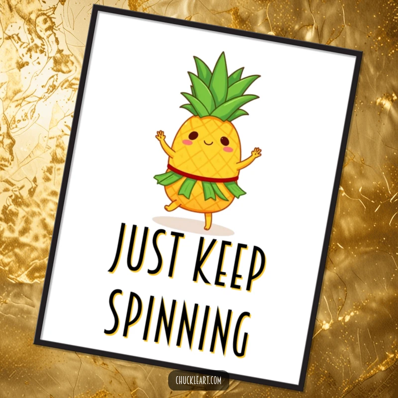 Funny digital art print of a pineapple wearing a tiny hula skirt, spinning rapidly, perfect for instant tropical party decor.