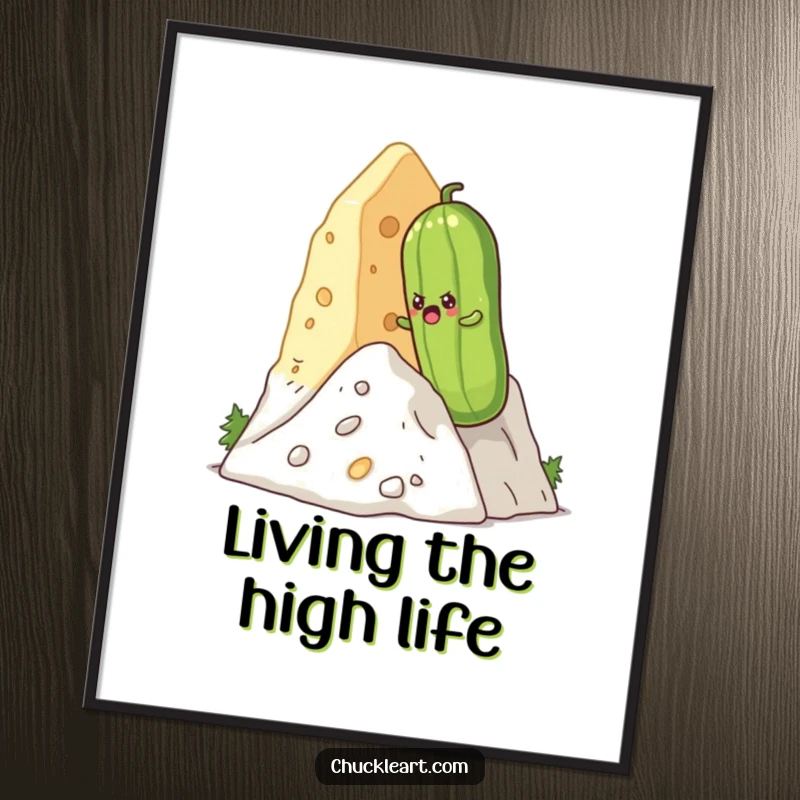 Funny determined pickle climbing a giant cheese mountain, ready as a printable and funny digital art.