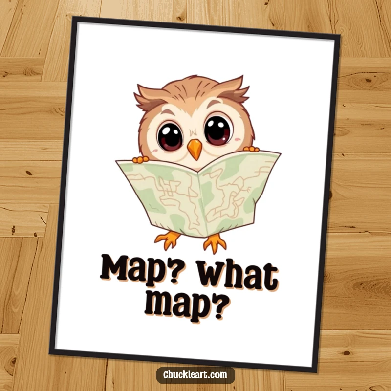 Funny digital art print of a clumsy owl with wide eyes, hilariously trying to read a map that is upside down.