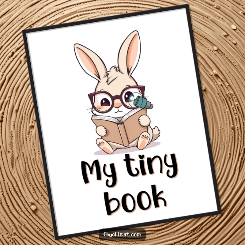 Funny rabbit digital art print showing a rabbit wearing oversized spectacles reading a microscopic book, ideal for whimsical wall decor.