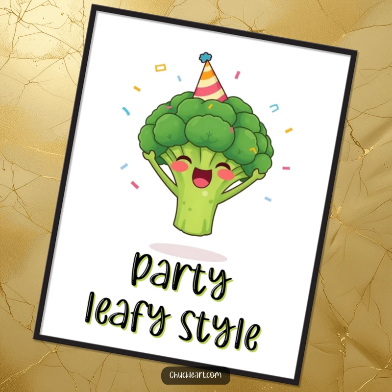 Funny broccoli digital art print of a happy broccoli wearing a party hat with confetti, ideal for instant download and display.