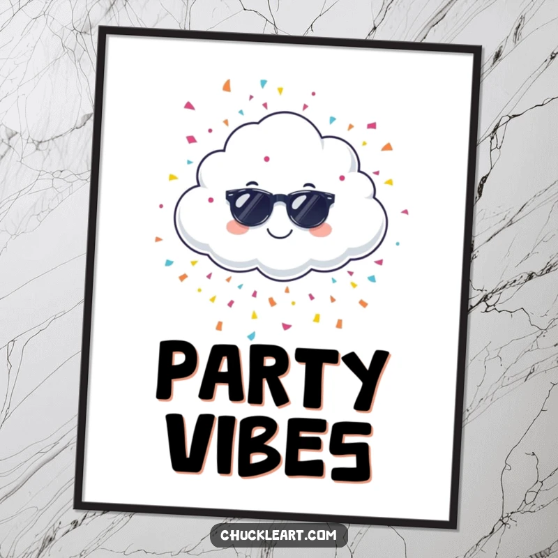 Funny giggling cloud wearing sunglasses, raining confetti, as a digital art print, bringing party humor home.
