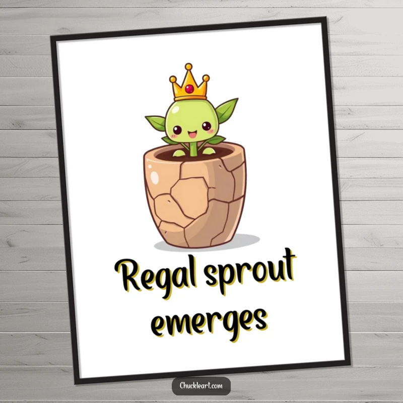 Digital art print of a proud little sprout wearing a crown, triumphantly sprouting from a cracked pot, symbolizing hope.