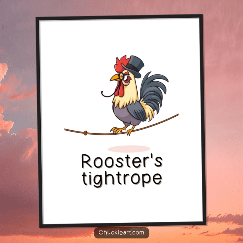 Funny digital art print of a proud rooster wearing a monocle and top hat, strutting on a tightrope.