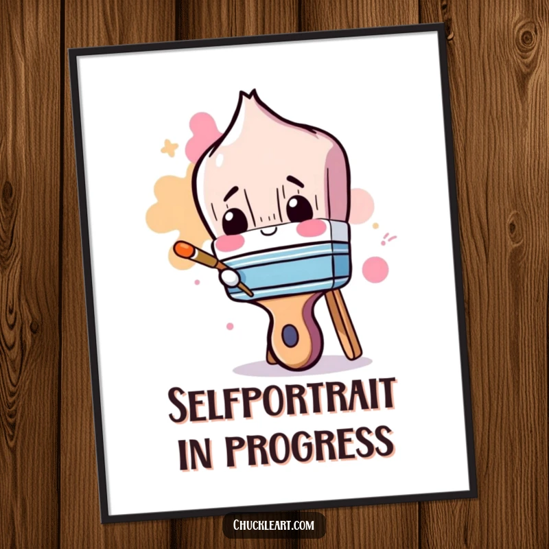 Funny digital art print of a clumsy paintbrush trying to paint its own handle, humorous wall decor.