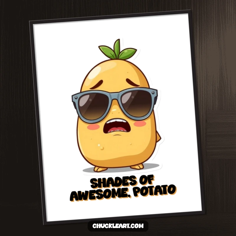 Funny digital art of a potato character hilariously attempting to wear oversized sunglasses, a humorous and charming piece.