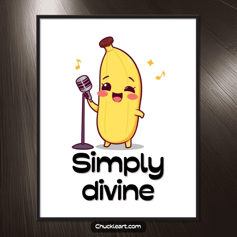 Funny digital art print of a happy banana in a bow tie, passionately singing opera.