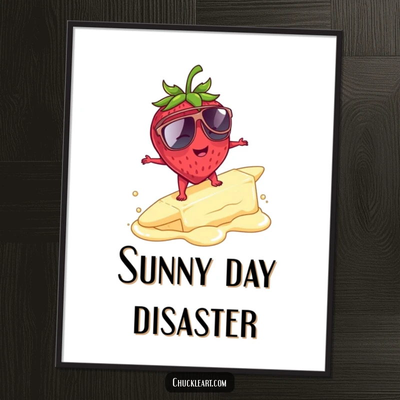 Funny strawberry with sunglasses surfing melting butter, a whimsical digital art print for instant humor.