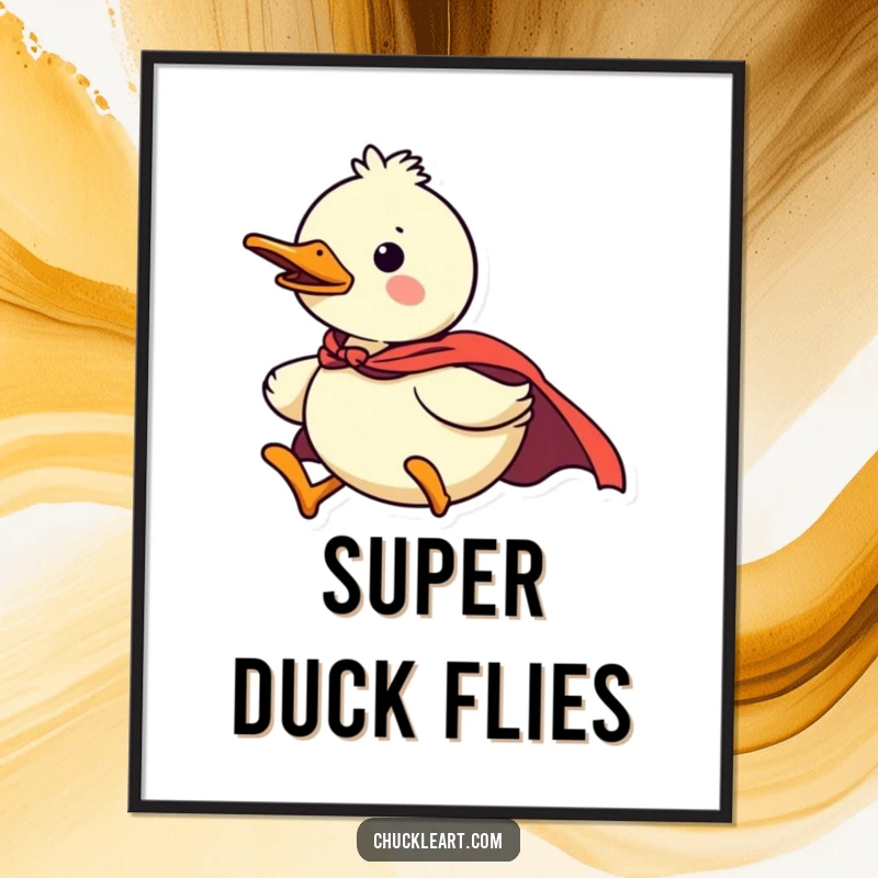 Funny duck superhero digital art print, confident and comical, flying with a tiny cape, a unique funny gift.