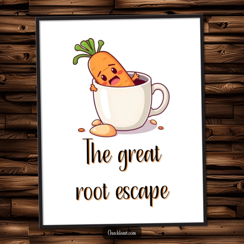 Funny digital art print of a determined carrot digging its way out of a coffee mug, offering a humorous and motivational visual for immediate download.
