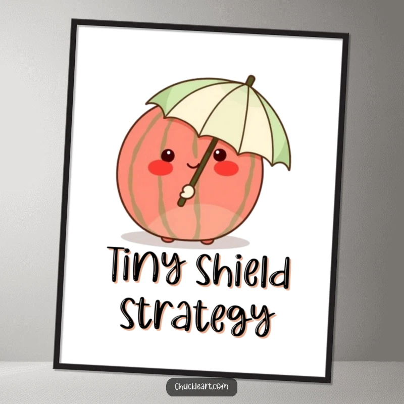 Funny shy watermelon blushing crimson, hiding behind a tiny umbrella, a humorous digital art print.