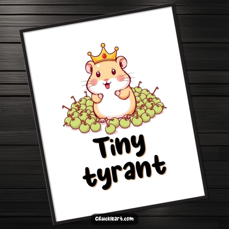 Printable funny hamster wearing a crown, commanding peas, offering instant pet humor for wall art.