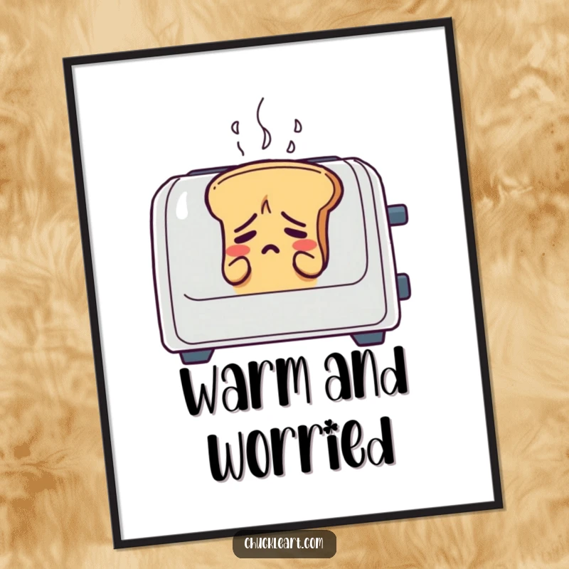 Funny loaf of bread sweating in a toaster, a digital art print for instant relatable humor.