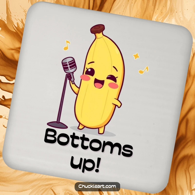Funny drink coaster with a smiling banana in a bow tie, performing opera.