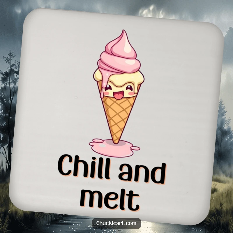 Funny drink coaster set with a melting ice cream cone striking a dramatic pose, protecting furniture with a dose of sweet, humorous art.