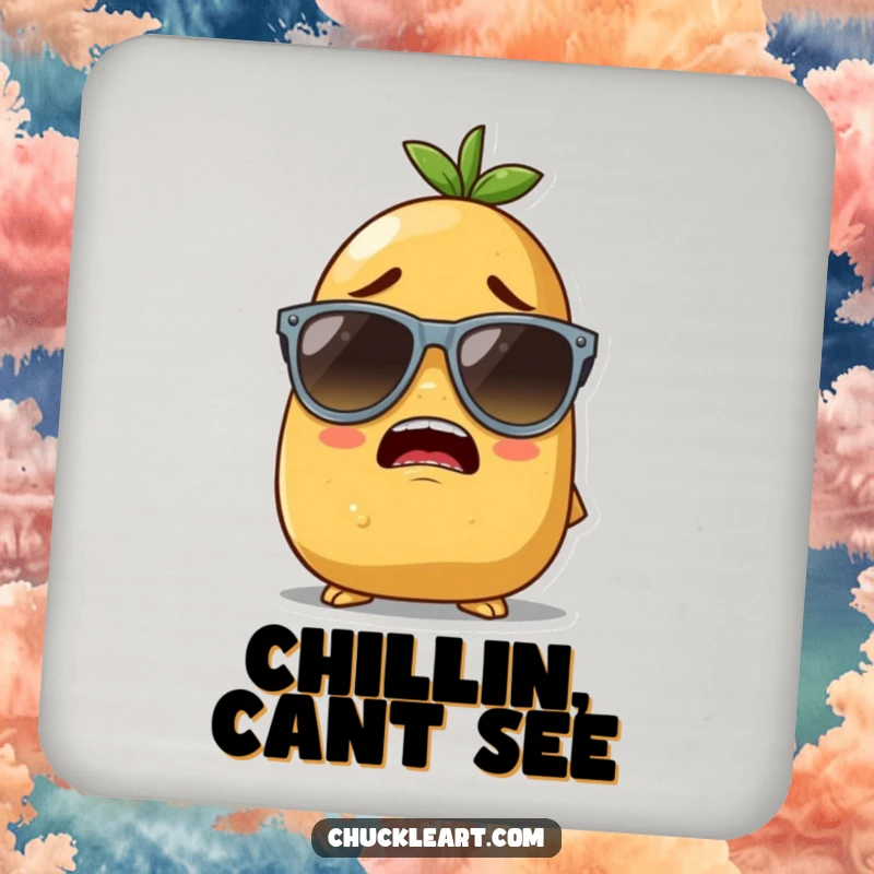 Funny drink coaster with a potato character hilariously trying to wear oversized sunglasses, bringing a touch of humor.