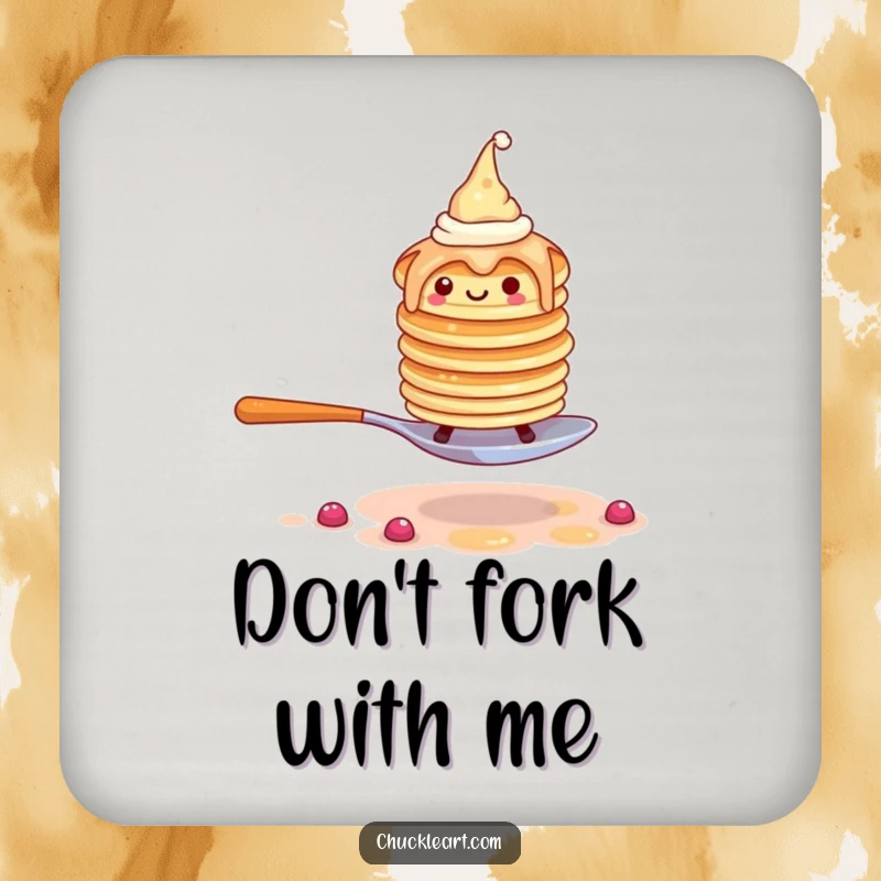Funny drink coaster with a wobbly pancake stack wearing hats, comically running from a giant fork, protecting surfaces.