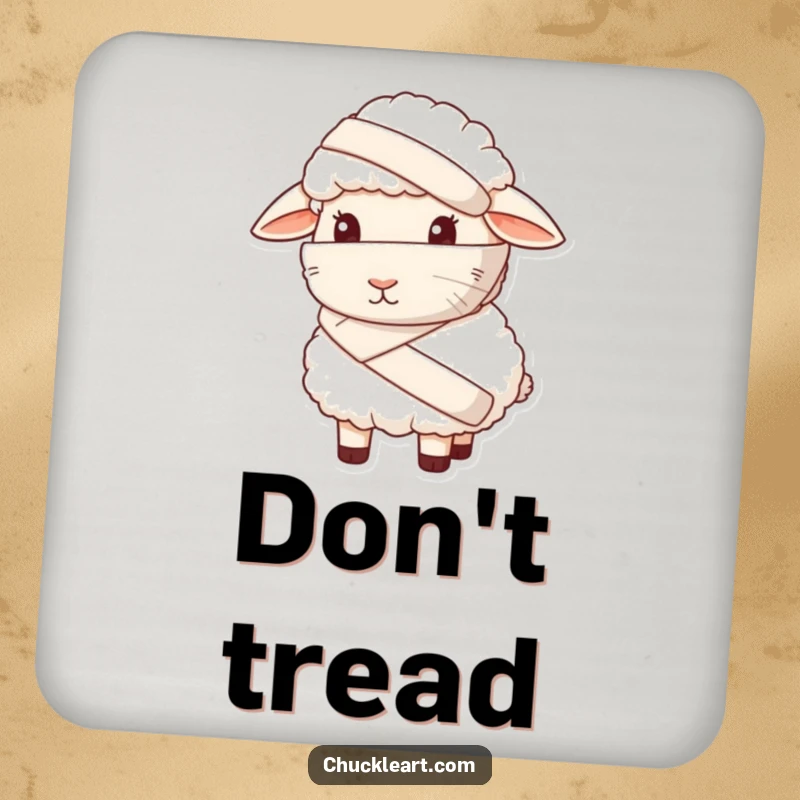 Funny coaster with a sheep wearing a giant bandage and looking sheepish, for protecting tables humorously.