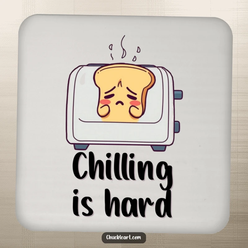 Funny anxious bread sweating in a toaster, on a coaster, for humorous surface protection.