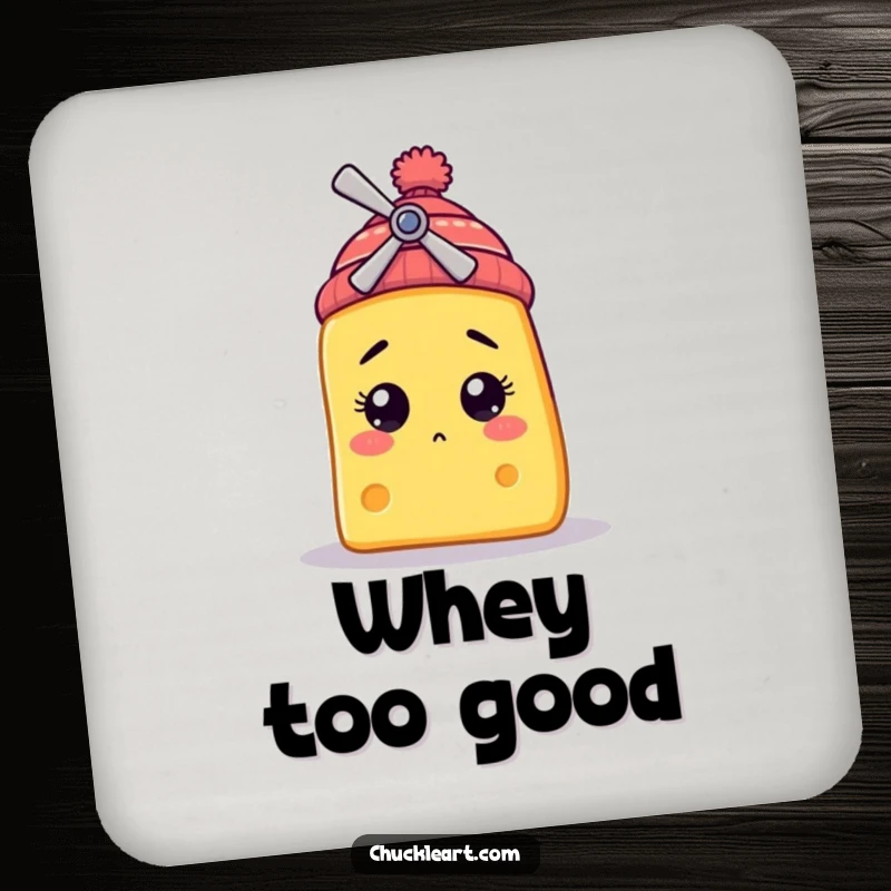 Funny coaster featuring a bewildered cheese slice character wearing a tiny propeller beanie, adding a humorous and charming touch.