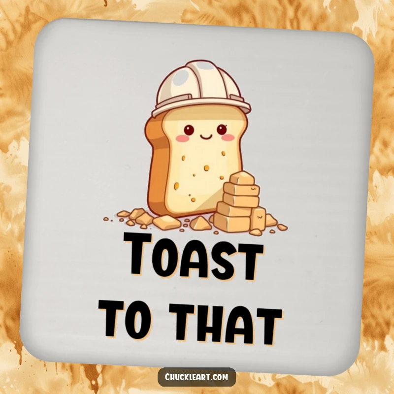 Funny coaster with a bread loaf in a construction hat building a crumb tower, a humorous drink accessory.