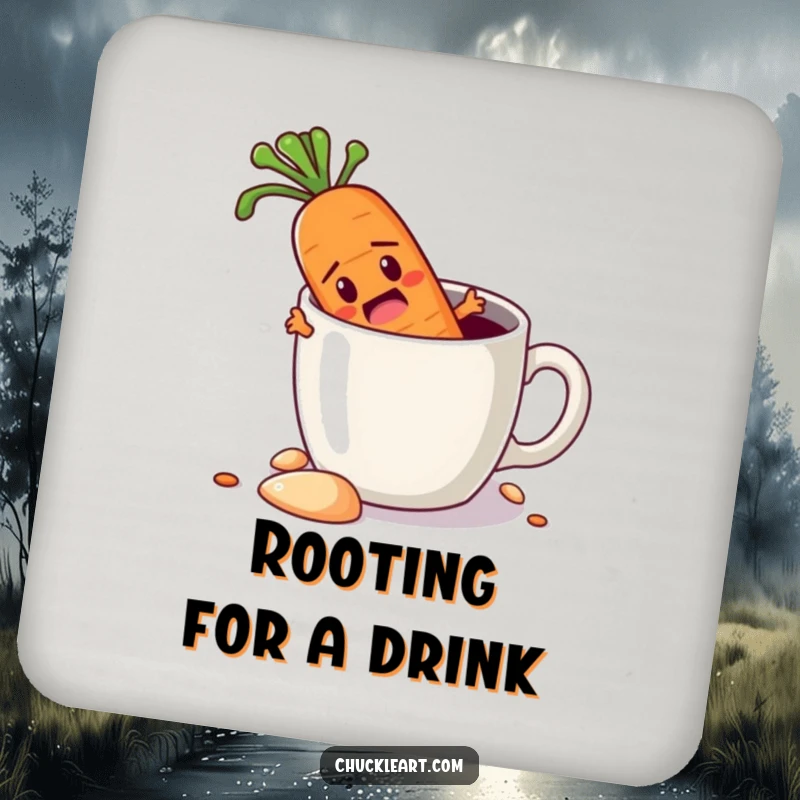 Funny drink coaster set with a determined carrot digging its way out of a coffee mug, protecting furniture with a dose of vegetable humor.